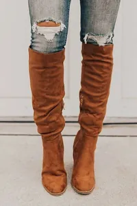 Detailed view of women's retro brown suede over-the-knee boots with chunky high heels