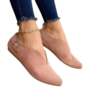 Elegant pink suede-like pointed toe flat casual shoes with side buckle for women, perfect for fall