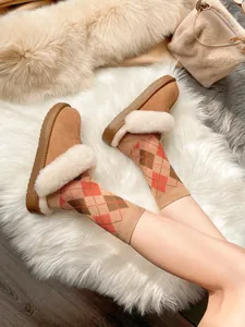 Detailed macro view of cozy tan fur-lined clogs paired with stylish argyle knit socks.