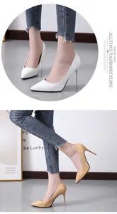 Elegant pointed-toe stiletto high heels in white and beige patent leather finish