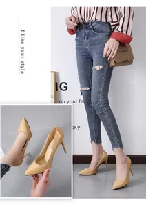 Close-up and full view of nude pointed-toe stiletto high heel shoes for women