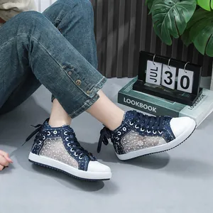 Blue lace mesh high-top sneakers with breathable floral pattern and white rubber sole.
