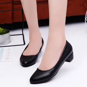 Women Block Heel Pumps Round Toe Professional Work Shoes Black Synthetic Leather Shallow Mouth Formal Office Dress Shoes