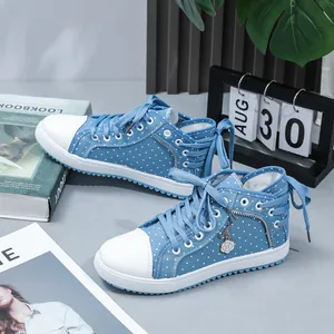 Blue polka dot lace mesh breathable high-top sneakers with side zipper and flower charm