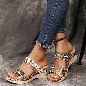 Detailed side view of women's snakeskin print wedge sandals with platform sole