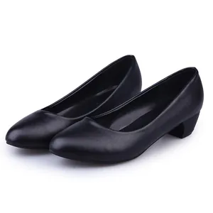 Classic black faux leather low-heeled pumps for professional office and work wear