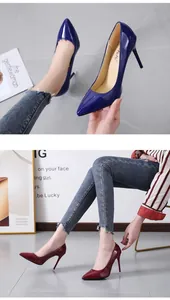Elegant pointed toe stiletto pumps in royal blue and burgundy patent leather finish
