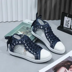 Stylish navy blue lace mesh high-top sneakers for women with polka dots and flower charm