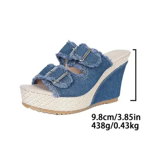 Detailansicht der blauen Denim-Keilsandalette mit 9,8 cm Absatz und 438 g Gewicht