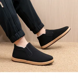 Close-up of men's winter slip-on shoes with warm fleece lining and non-slip sole