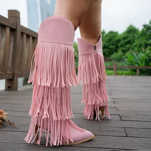 Women Fringe Knee High Boots Pointed Toe Stiletto High Heel Western Cowboy Tassels Boots For Ladies Fashion Autumn Winter Dress Boots