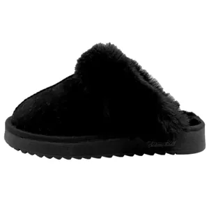 Stylish women's black fuzzy faux fur closed-toe slippers with thick platform sole