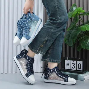 Women's High-top Lace Mesh Breathable Sneakers Polka Dot Canvas Board Shoes Casual Korean Style Student Fashion Flat Shoes With Flower Pendant