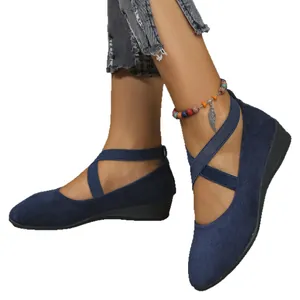 Elegant blue pointed-toe wedge shoes for women with stylish cross elastic straps