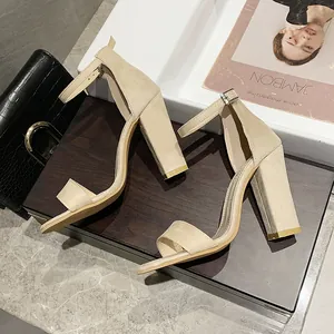 Elegant beige suede chunky heel sandals with adjustable ankle strap and open toe design
