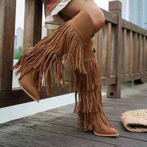 Close-up of brown suede Western boots with multi-layered fringe and pointed toe design.