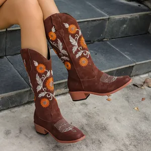 Detail of brown Western boots featuring intricate sunflower embroidery and a chunky heel.