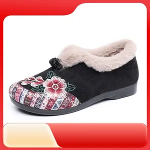 Women Embroidered Snow Boots Winter Warm Cotton Shoes Fleece Lined Ethnic Style Slip On Floral Flat Shoes For Mom