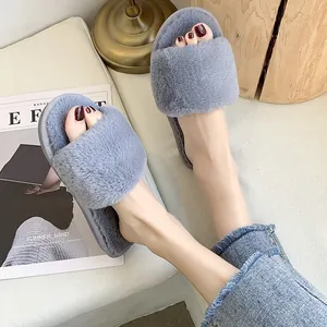 Fashionable grey faux fur open-toe indoor slippers with cozy flat soles for women