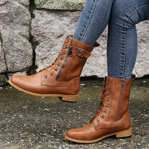 Women Martin Boots Round Toe Block Low Heel Lace-up Side Zipper Ankle Boots Solid Color PU Leather Fall Winter Fashion Footwear
