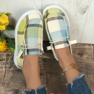 Women's comfortable plaid canvas loafers, stylish green and blue checkered slip-on boat shoes