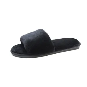 Comfortable black faux fur open-toe slippers for women with flat sole and indoor design