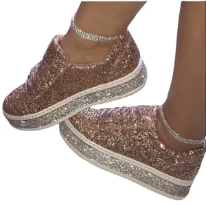 Zapatillas con plataforma de purpurina oro rosa y suela decorada con pedrería
