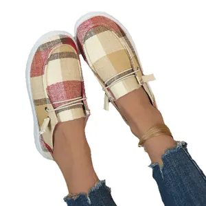 Stylish women's plaid canvas loafers, comfortable slip-on boat shoes for casual wear