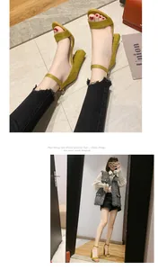 Yellow suede block heel sandals with ankle strap shown in a lifestyle mirror view