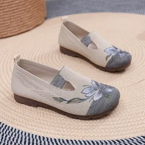 Detailed view of breathable knit upper with floral embroidery on soft-soled flats