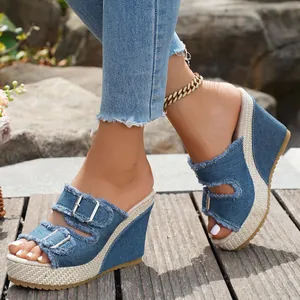 Stylish blue denim peep-toe wedge sandals with belt buckle details and woven platform