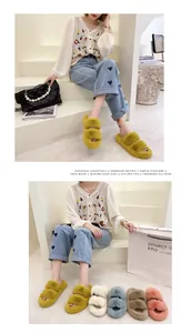 Detailed view of cozy faux fur slippers featuring a stylish double strap design for women