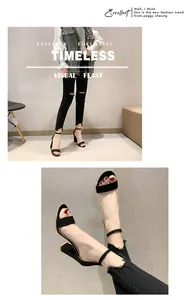Detailed and full view of elegant black suede block heel sandals with ankle straps for women