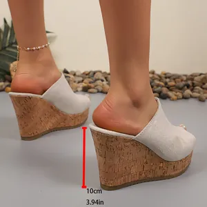 Detailed view of 10cm cork wedge heel on stylish peep-toe platform mules.
