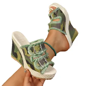 Stylish women's camouflage wedge sandals with adjustable buckles and peep toe denim design