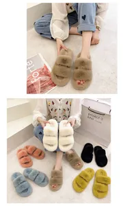 Detailed view of fluffy double-strap faux fur slippers in various vibrant colors.