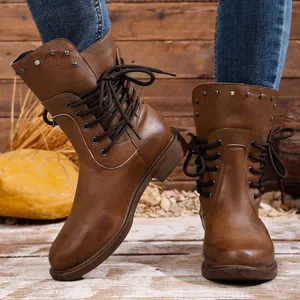 Damen Ankle Boots Künstliches PU-Leder Nieten Schnürung Retro Blockabsatz Mode Halbstiefel Lässige Outdoor Party Damen Schuhe