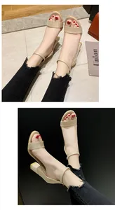 Detailed view of women's beige suede block heel sandals with stylish ankle strap