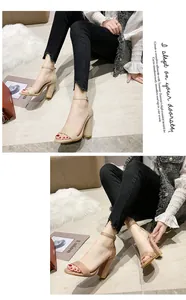 Detail view of suede chunky heel sandals with ankle straps in apricot and pink colors.