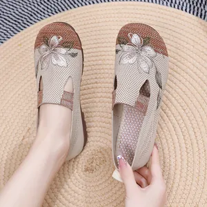 Close-up of women's knitted loafers with elegant flower embroidery and soft soles