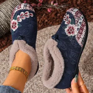 Elegant ethnic style embroidered winter shoes for women with warm plush lining and soft sole