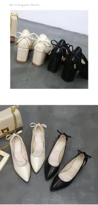 Multiple views of elegant pointed-toe chunky heel pumps with bow detailing