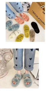 Close-up detail of double-strap faux fur slides showing soft plush texture and fit.