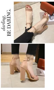 Detailed close-up of women's nude suede chunky heel sandals with adjustable ankle straps