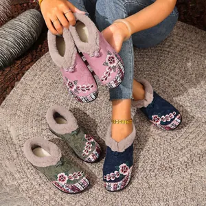 Ethnic style embroidered winter slippers with warm fleece lining and non-slip sole