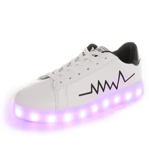 White LED light-up sneakers with heart rate line and USB charging port for unisex