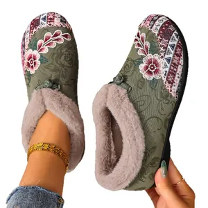 Traditional ethnic style embroidered women's warm fur lined flat loafers in olive green
