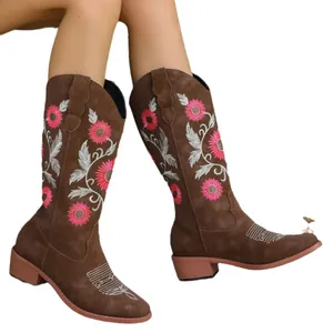 Stylish brown tall Western boots featuring pink floral embroidery and a stable chunky low heel