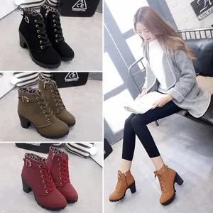 Women Martin Boots Platform High Chunky Heel Ankle Boots Lace Up Side Zipper Suede Synthetic Leather Boots For Winter