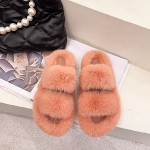 Close-up of orange faux fur slides with double plush straps and warm winter texture.